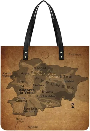 Vintage Maps of Andorras Leather Handbags Shoping Bag Women Large Capacity Beach Bag