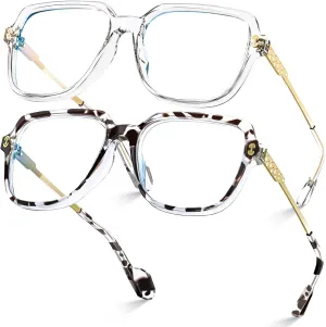 VISOONE 2 Pack Oversized Blue Light Blocking Glasses with Chic Square TR90 Frame and Metal Temple for Women Men REMY