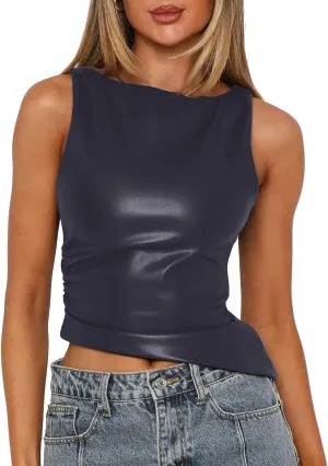 Vivitulip Women's Faux Leather Ruched Tank Top High Neck Sleeveless Cami Shirt