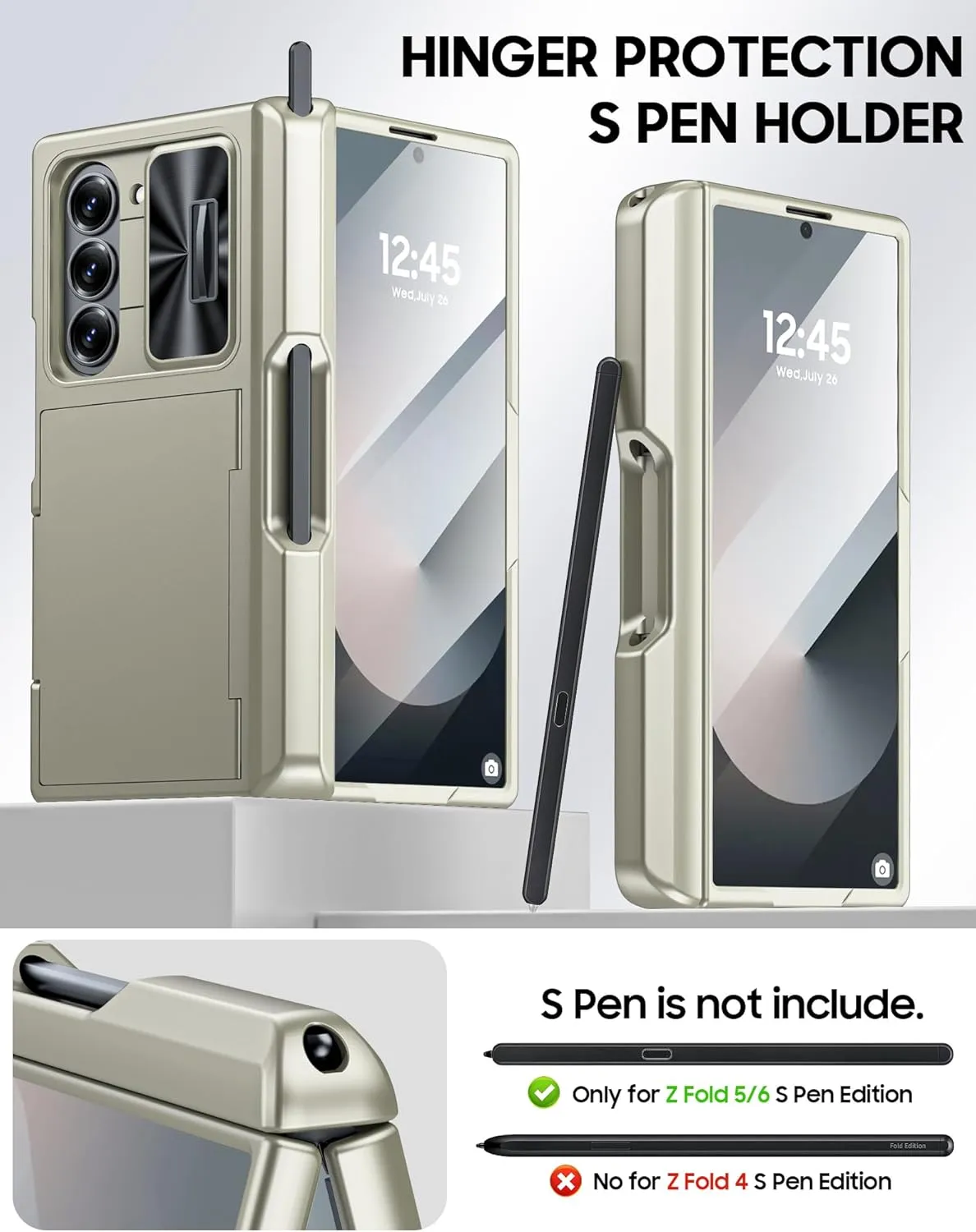 Vizvera for Samsung Galaxy Z Fold 6 Case RFID Wallet with Cards Holder [S Pen Holder] [Camera Cover] Shockproof Silicone Protective Phone Case for Z Fold 6 2024-Natural Titanium