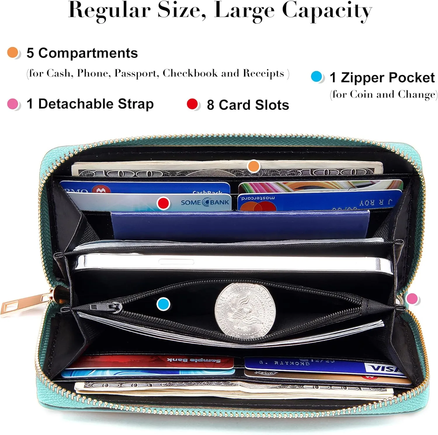 VOCUS Womens Wristlet Wallet Zip Around Clutch Wallet Large RFID Blocking PU Leather Bifold with Phone Holder for Travel