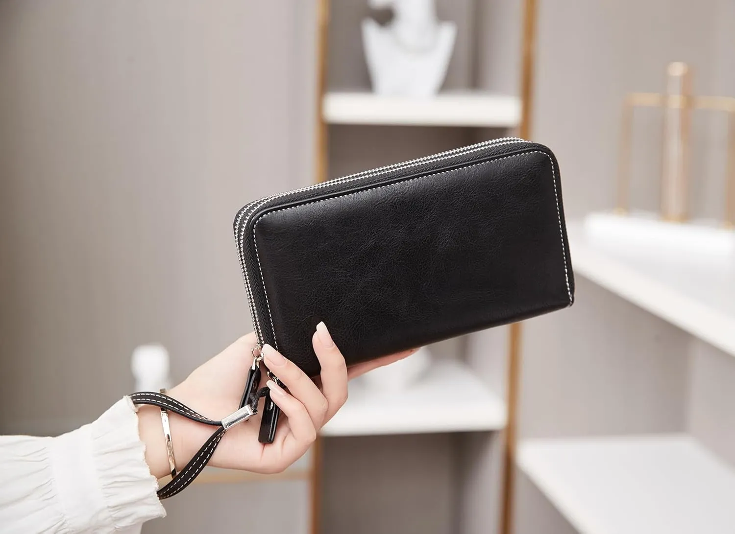 VONCOSS Women's RFID Blocking Leather Wallet - Large Capacity Double Zip Around Clutch with Wristlet,Secure Travel Purse and Phone Holder