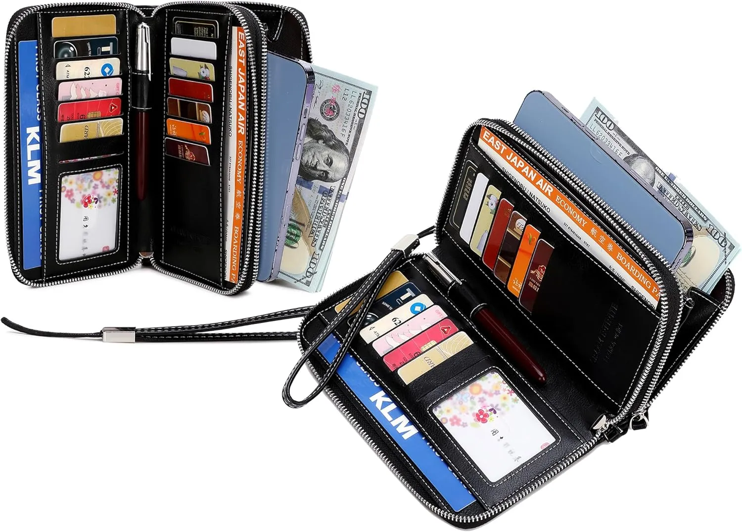 VONCOSS Women's RFID Blocking Leather Wallet - Large Capacity Double Zip Around Clutch with Wristlet,Secure Travel Purse and Phone Holder