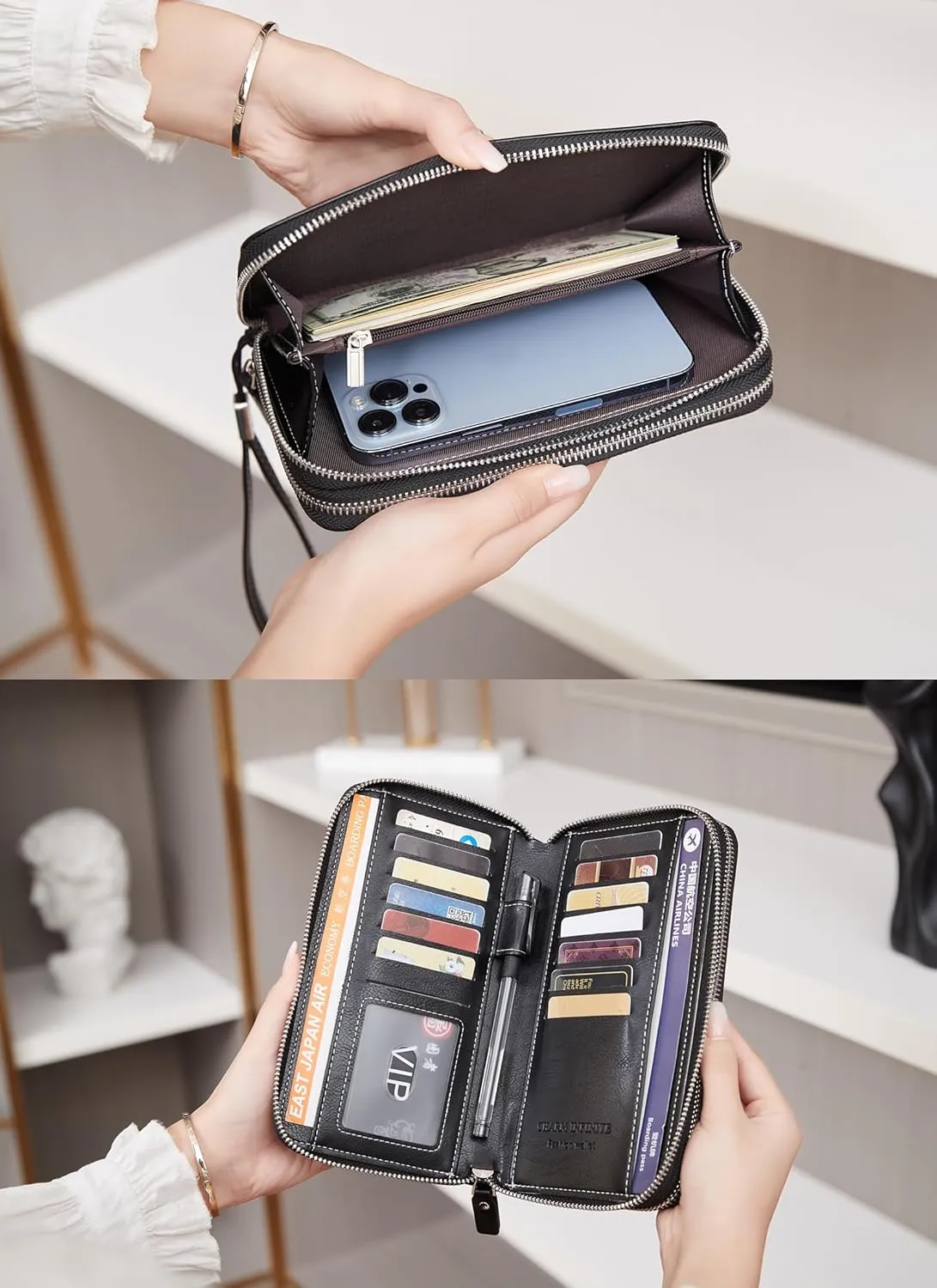 VONCOSS Women's RFID Blocking Leather Wallet - Large Capacity Double Zip Around Clutch with Wristlet,Secure Travel Purse and Phone Holder