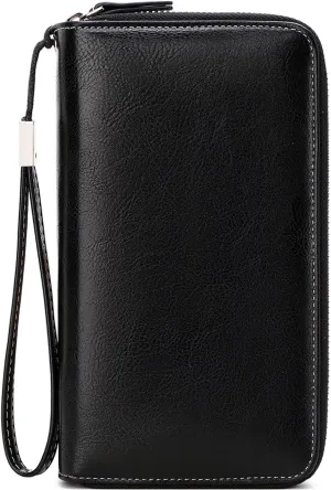 VONCOSS Women's RFID Blocking Leather Wallet - Large Capacity Double Zip Around Clutch with Wristlet,Secure Travel Purse and Phone Holder