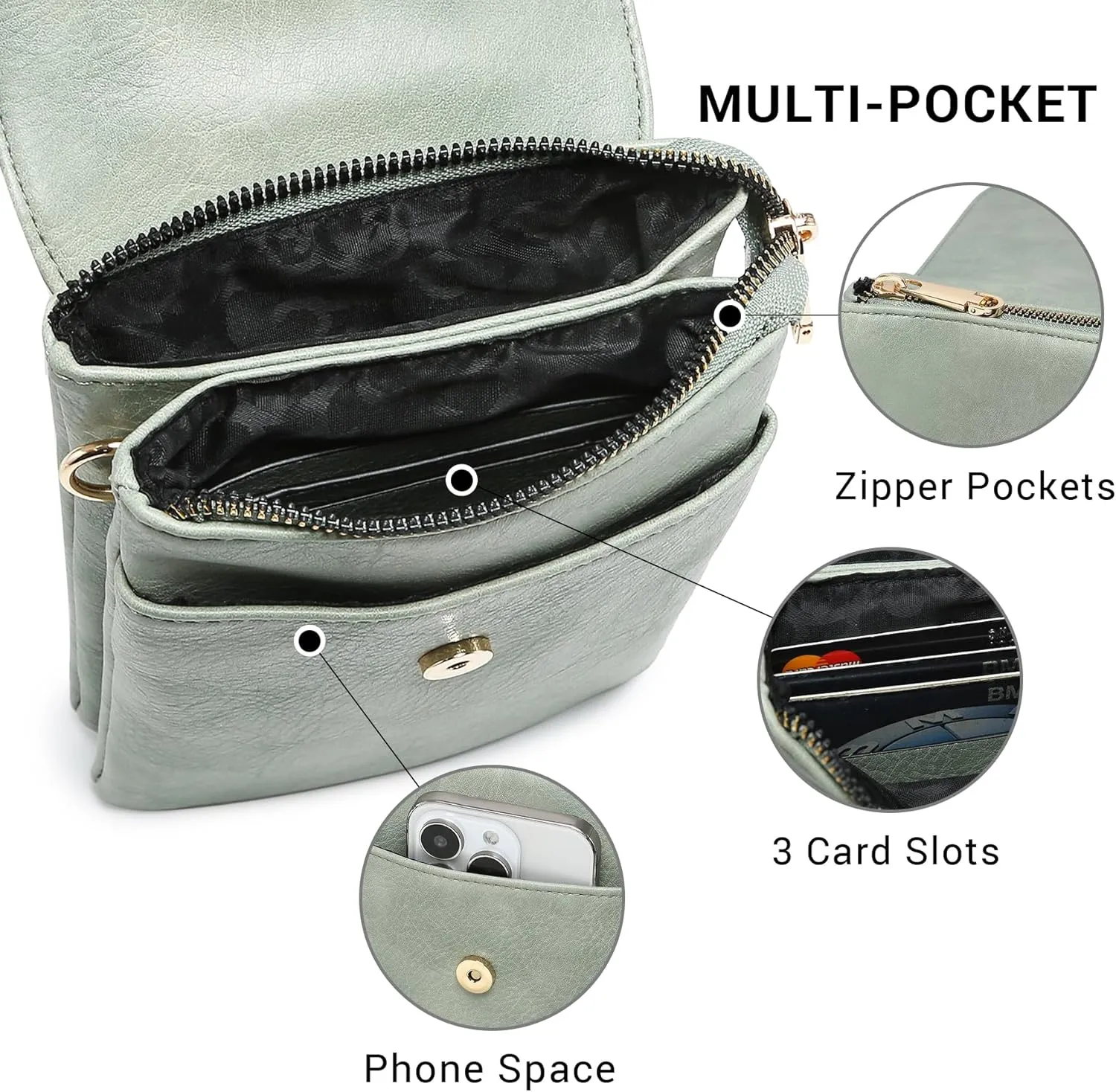 VONMAY Vegan Leather Small Crossbody Bags for Women, 3 Compartment Cell Phone Wallet Purses with Adjustable Guitar Strap