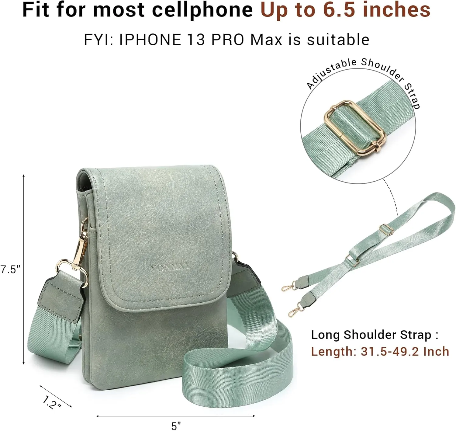 VONMAY Vegan Leather Small Crossbody Bags for Women, 3 Compartment Cell Phone Wallet Purses with Adjustable Guitar Strap