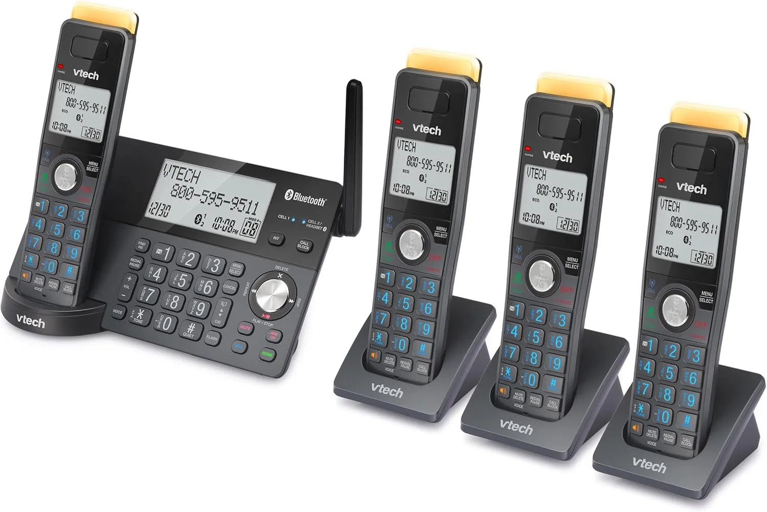 VTech IS8128-41 Super Long Range 4-Handset DECT 6.0 Cordless Phone for Home with Answering Machine, 2300 ft Range, Call Blocking, Bluetooth Connect to Cell, Intercom
