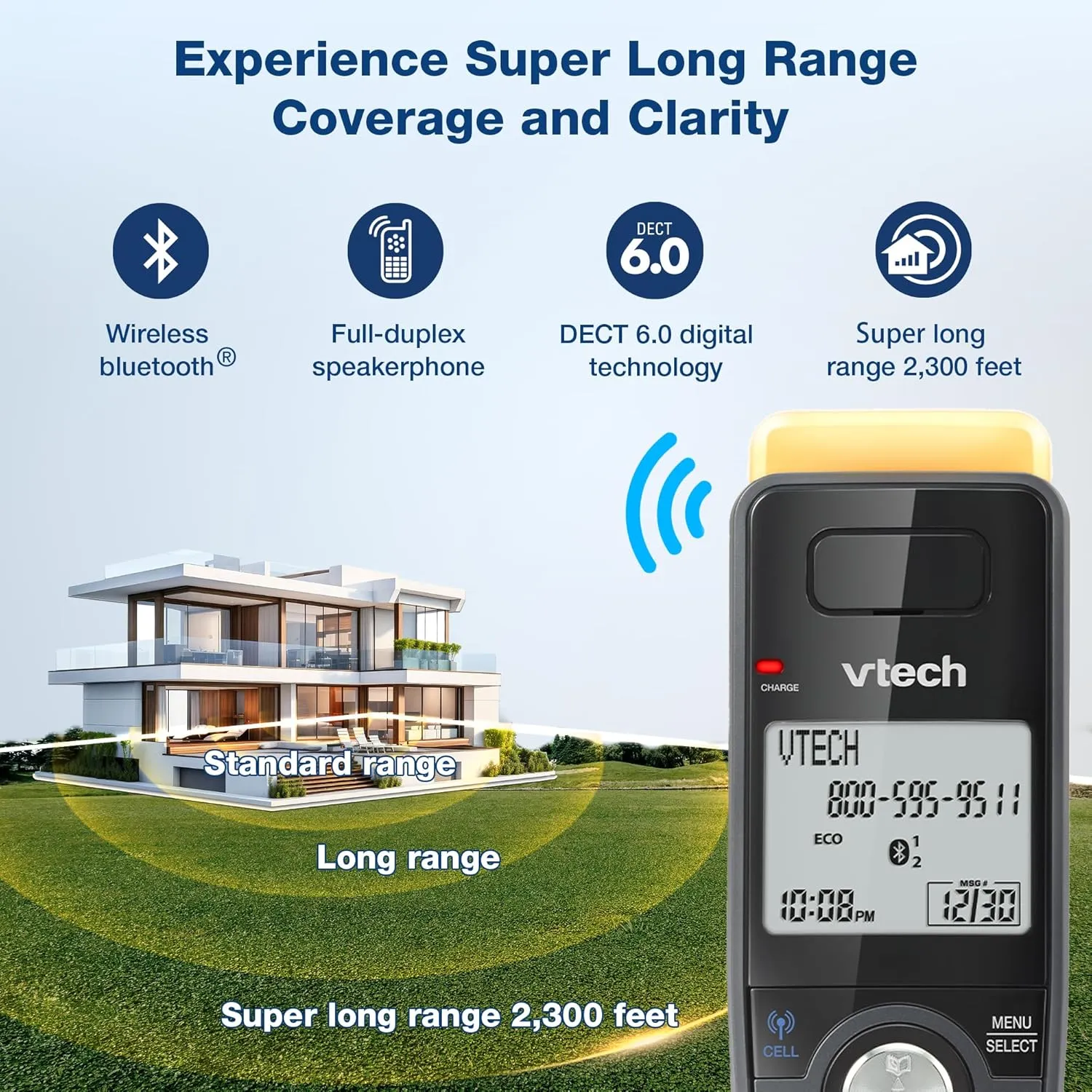 VTech IS8128-41 Super Long Range 4-Handset DECT 6.0 Cordless Phone for Home with Answering Machine, 2300 ft Range, Call Blocking, Bluetooth Connect to Cell, Intercom