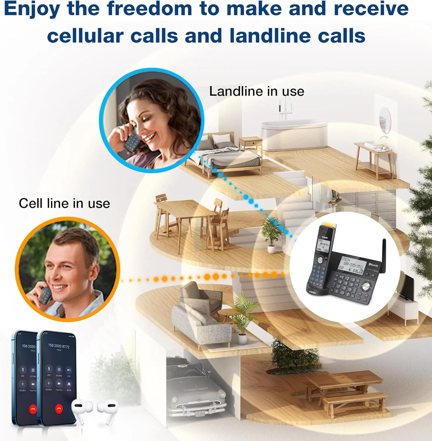 VTech IS8128-41 Super Long Range 4-Handset DECT 6.0 Cordless Phone for Home with Answering Machine, 2300 ft Range, Call Blocking, Bluetooth Connect to Cell, Intercom