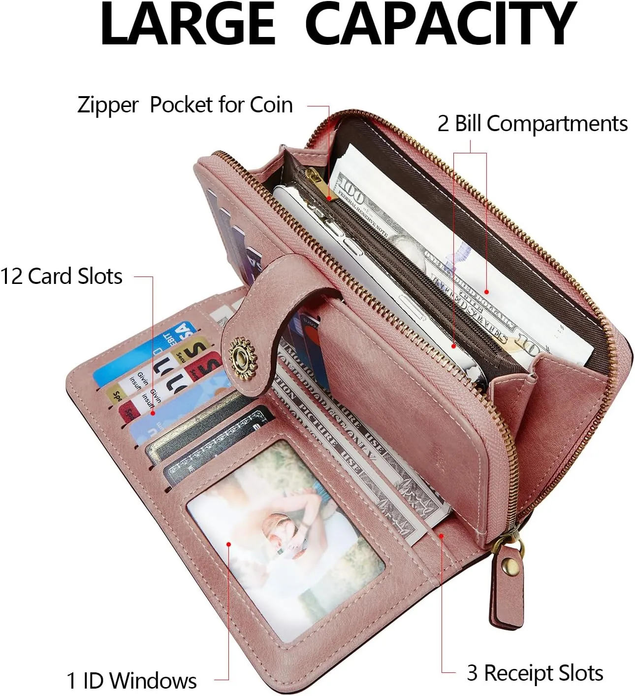 Wallet for Women RFID Blocking Leather Large Capacity Card Holder Ladies Phone Clutch Travel Long Purse Wristlet