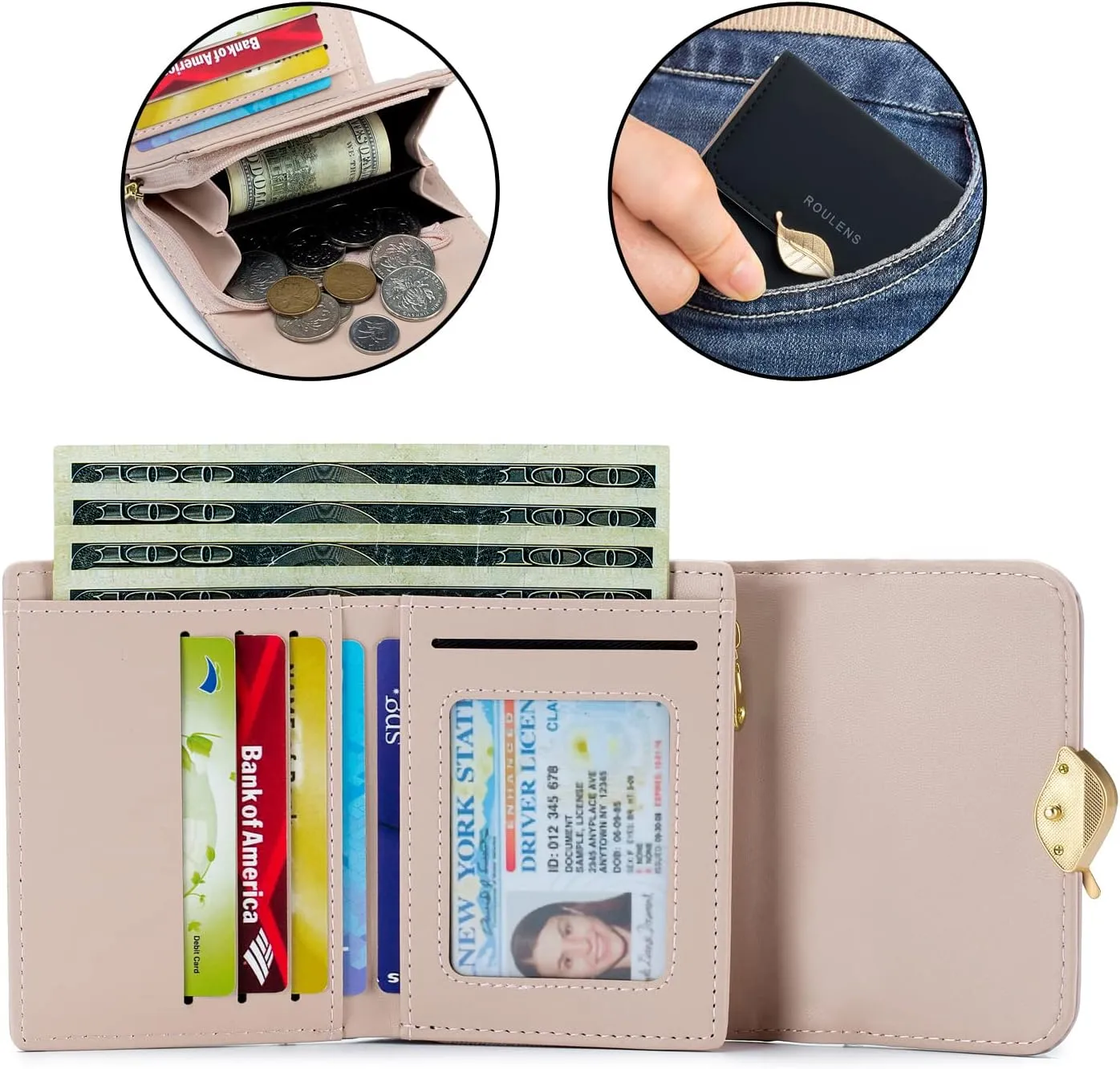 Wallet for Women RFID Blocking PU Leather Leaf Pendant Card Holder Phone Checkbook Organizer Zipper Coin Purse