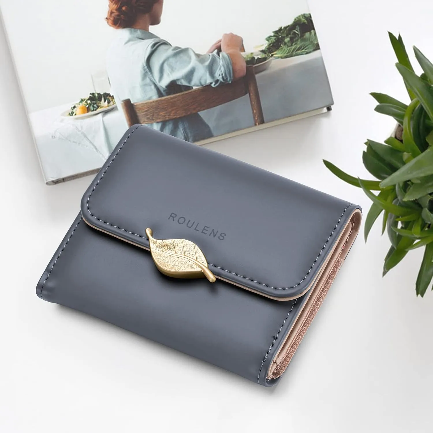 Wallet for Women RFID Blocking PU Leather Leaf Pendant Card Holder Phone Checkbook Organizer Zipper Coin Purse