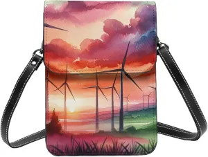 Watercolor-Wind-Turbines-Vintage Microfiber Pu Leather Crossbody Phone Bag, Portable Shoulder Phone Wallet