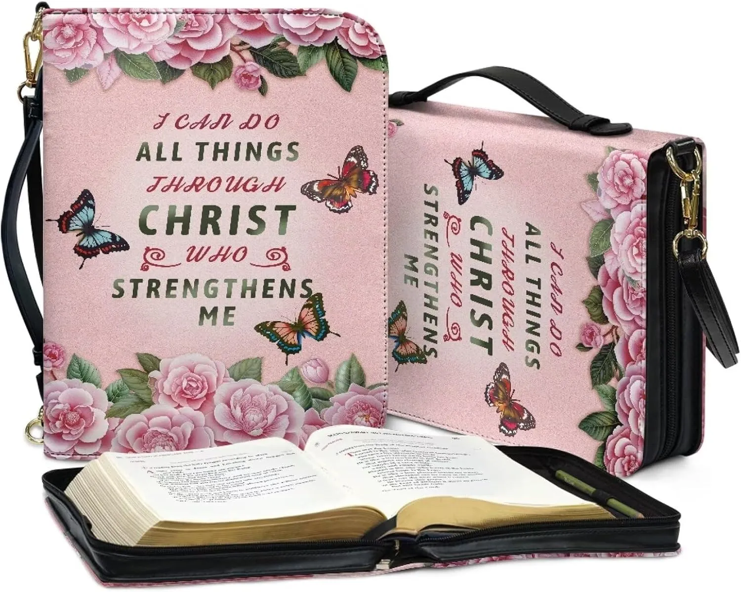 Waterproof Bible Book Case with Butterfly Text Print for Men Women, Be Strong and Courageous, PU Leather Bible Church Bag with Detachable Strap,M
