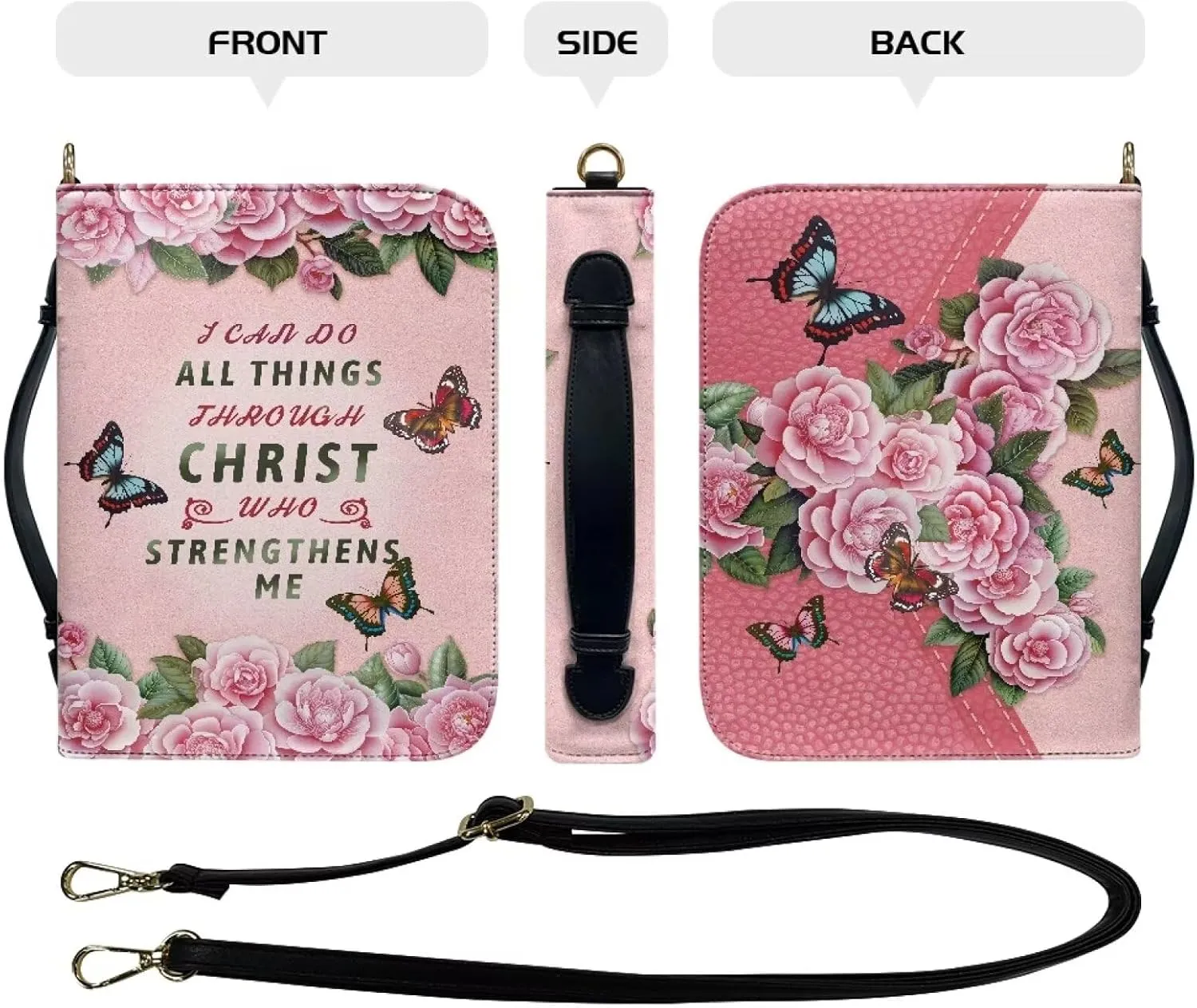 Waterproof Bible Book Case with Butterfly Text Print for Men Women, Be Strong and Courageous, PU Leather Bible Church Bag with Detachable Strap,M