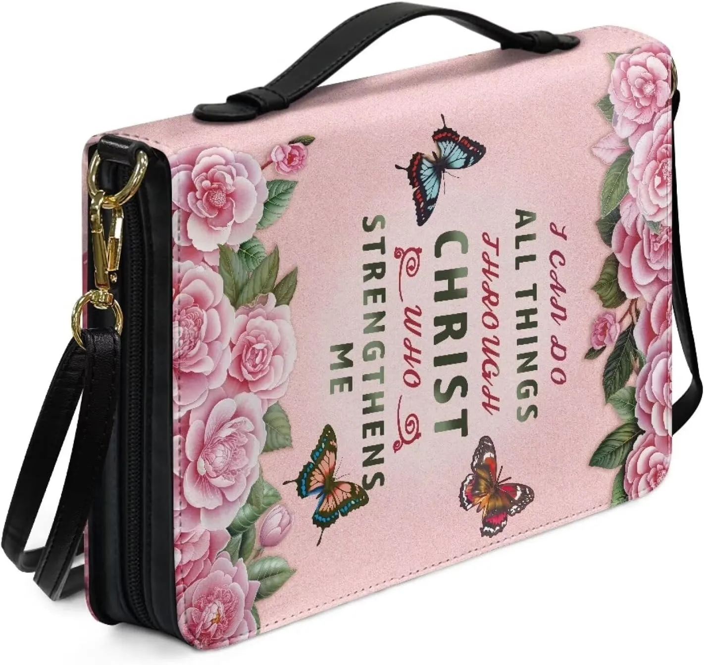 Waterproof Bible Book Case with Butterfly Text Print for Men Women, Be Strong and Courageous, PU Leather Bible Church Bag with Detachable Strap,M