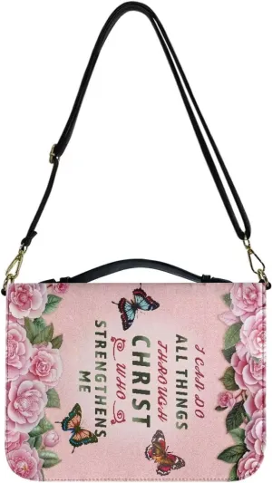 Waterproof Bible Book Case with Butterfly Text Print for Men Women, Be Strong and Courageous, PU Leather Bible Church Bag with Detachable Strap,M