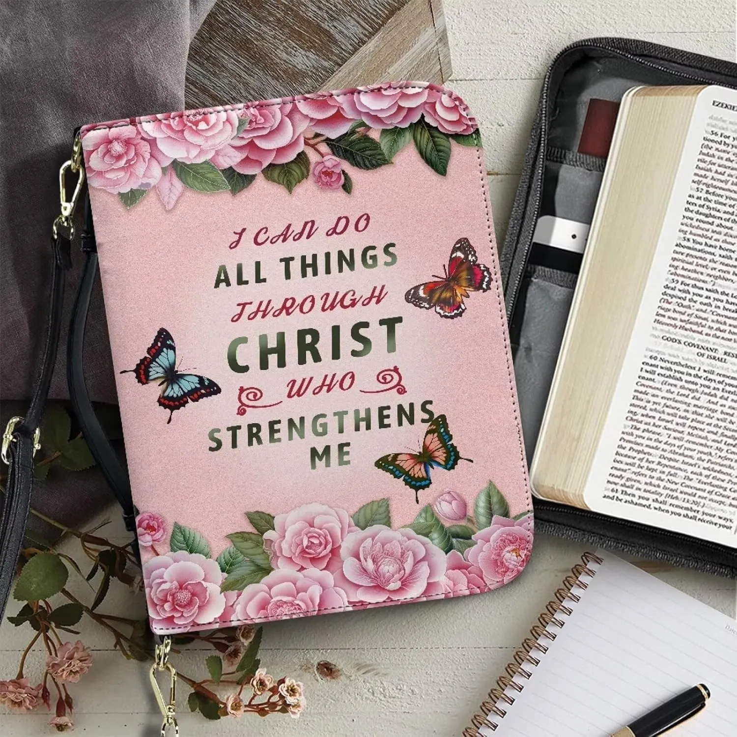 Waterproof Bible Book Case with Butterfly Text Print for Men Women, Be Strong and Courageous, PU Leather Bible Church Bag with Detachable Strap,M