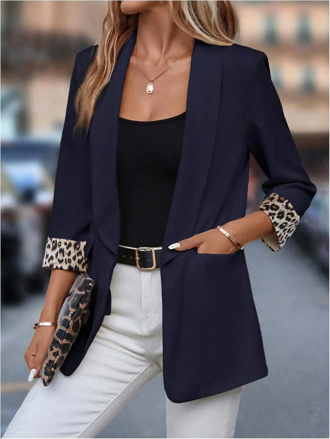 WDIRARA Women's Leopard Print Shawl Collar Open Front 3/4 Sleeve Blazer Jacket