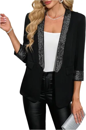 WDIRARA Women's Leopard Print Shawl Collar Open Front 3/4 Sleeve Blazer Jacket