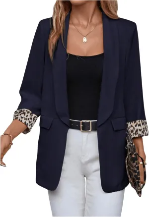 WDIRARA Women's Leopard Print Shawl Collar Open Front 3/4 Sleeve Blazer Jacket