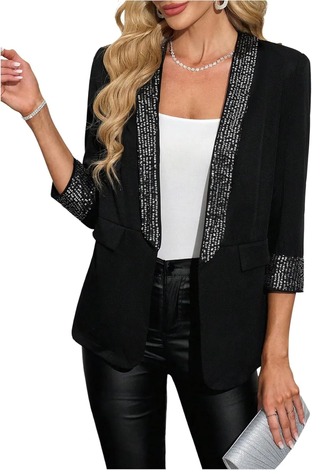 WDIRARA Women's Leopard Print Shawl Collar Open Front 3/4 Sleeve Blazer Jacket
