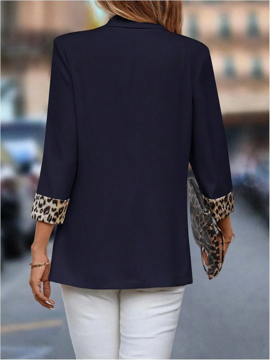 WDIRARA Women's Leopard Print Shawl Collar Open Front 3/4 Sleeve Blazer Jacket