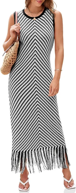 Wenrine Womens Summer Crochet Knit Dress Casual Striped Tassel Sleeveless Boho Maxi Dresses