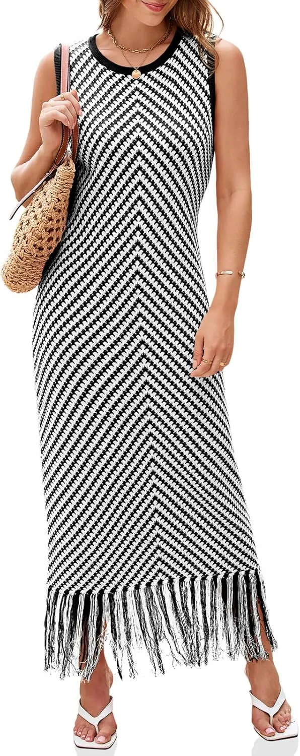 Wenrine Womens Summer Crochet Knit Dress Casual Striped Tassel Sleeveless Boho Maxi Dresses