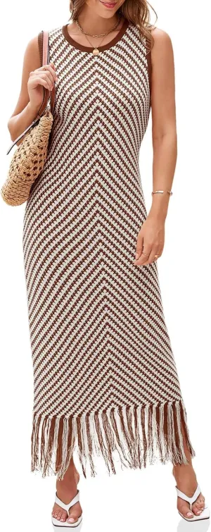 Wenrine Womens Summer Crochet Knit Dress Casual Striped Tassel Sleeveless Boho Maxi Dresses