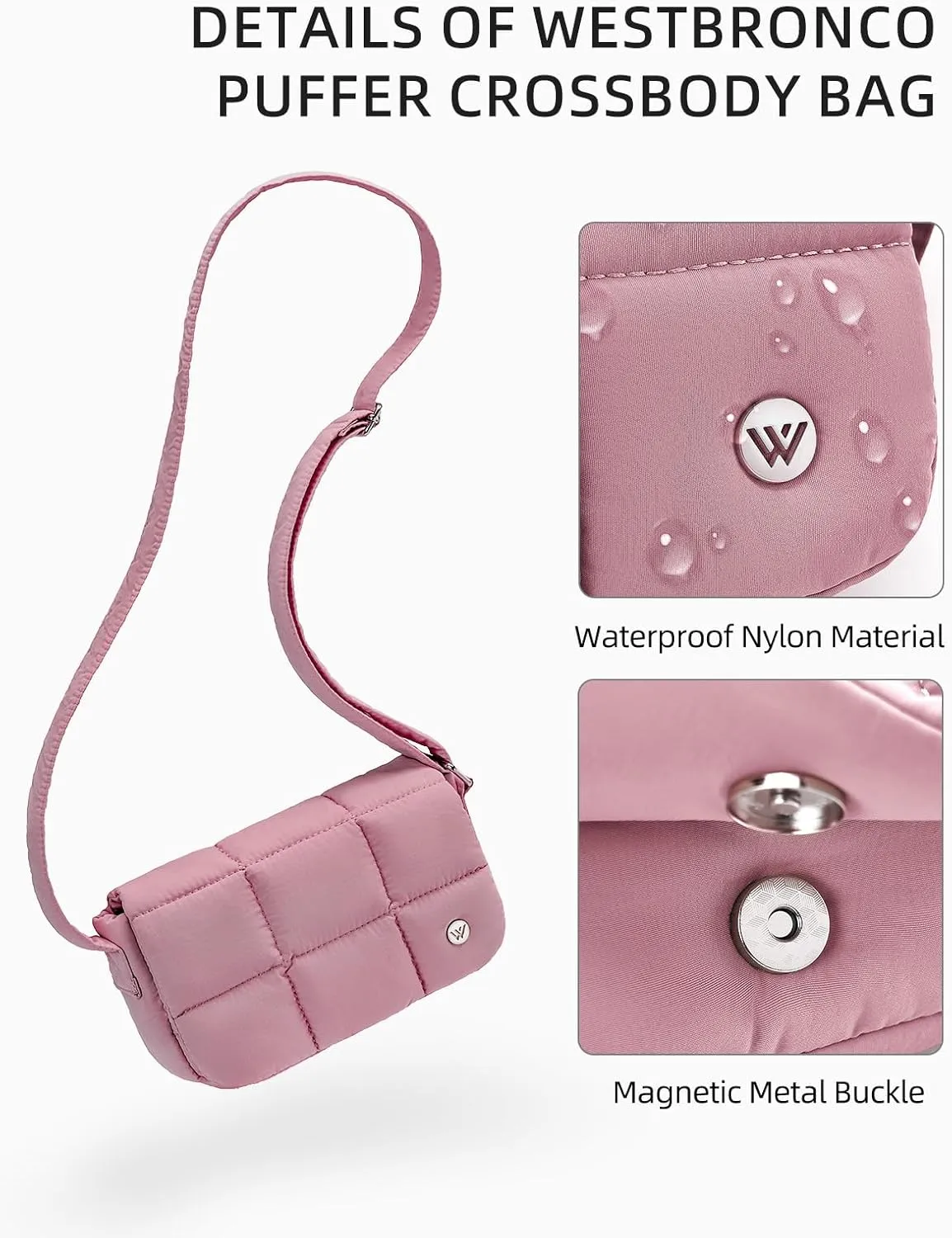 WESTBRONCO Small Puffer Crossbody Bags for Women Nylon Shoulder Bag Quilted Crossbody Purse with Adjustable Strap