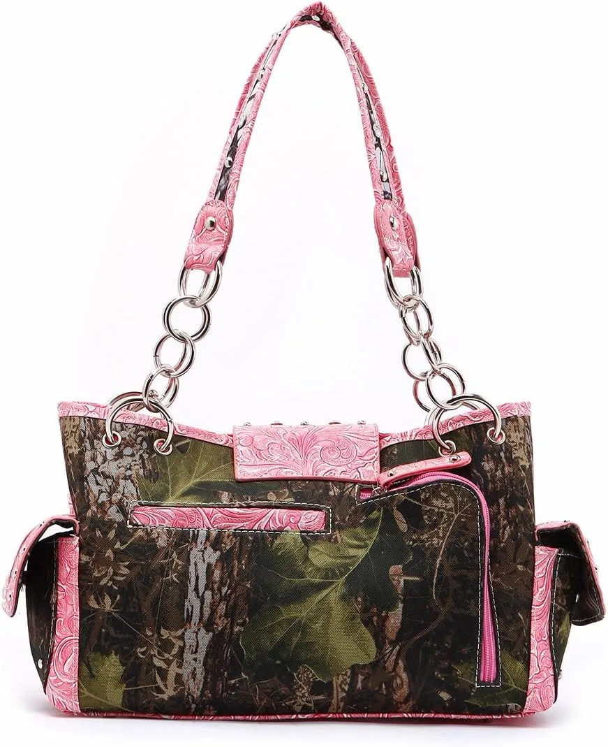 Western Style Camouflage Purse Concho Buckle Tooled Floral Country Studs Crossbody Women Handbag Shoulder Bag Wallet Set