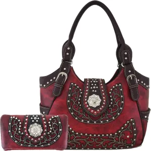 Western Style Rhinestone Concho West Concealed Carry Purse Country Handbag Women Shoulder Bag Wallet Set