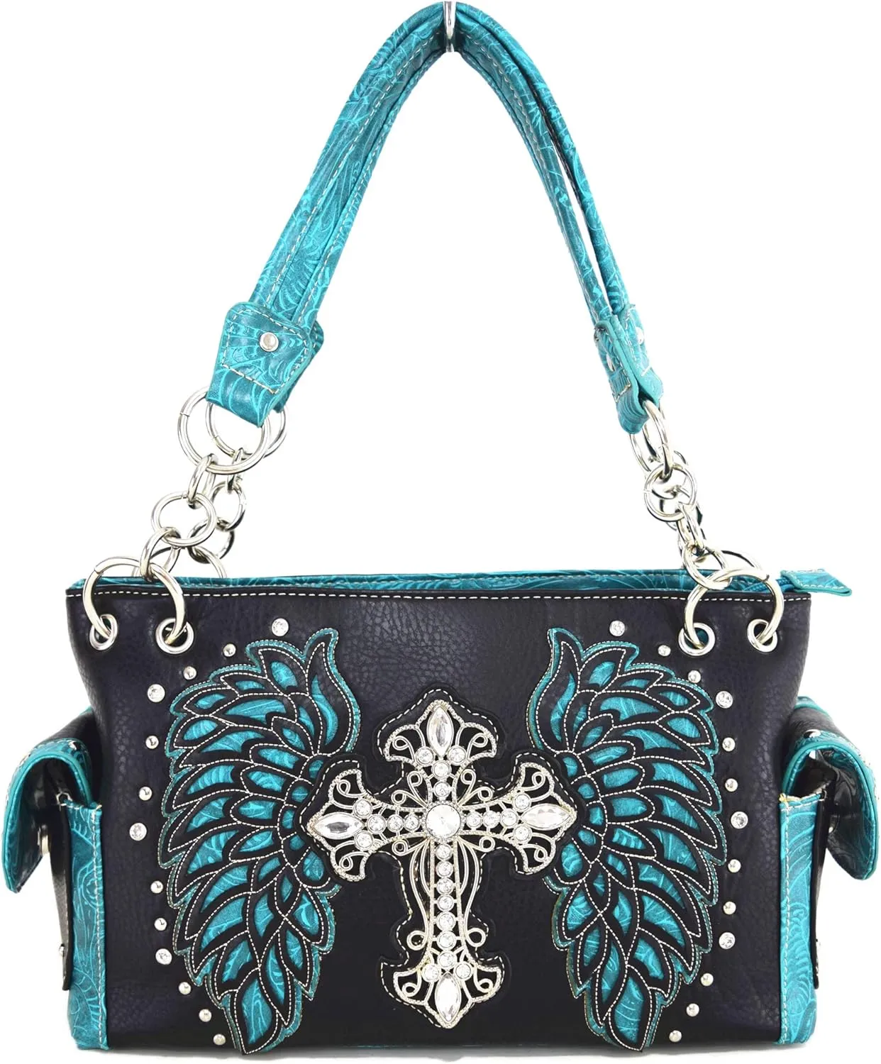 Western Style Rhinestone Cross Studded Laser Cut Wings Tooled Leather Purse Women Handbags Country Shoulder Bag Wallet Set