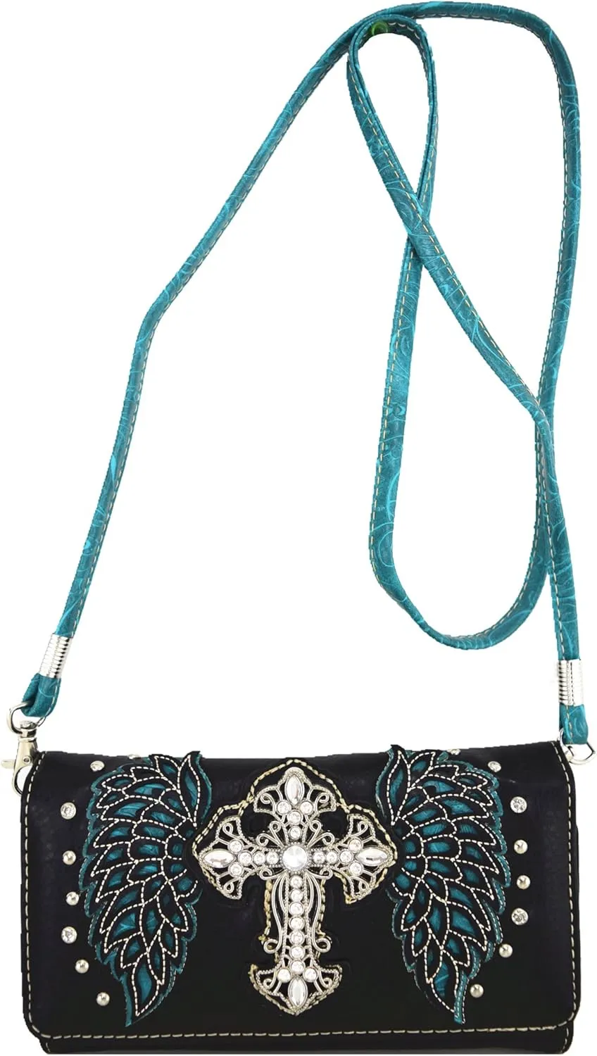 Western Style Rhinestone Cross Studded Laser Cut Wings Tooled Leather Purse Women Handbags Country Shoulder Bag Wallet Set