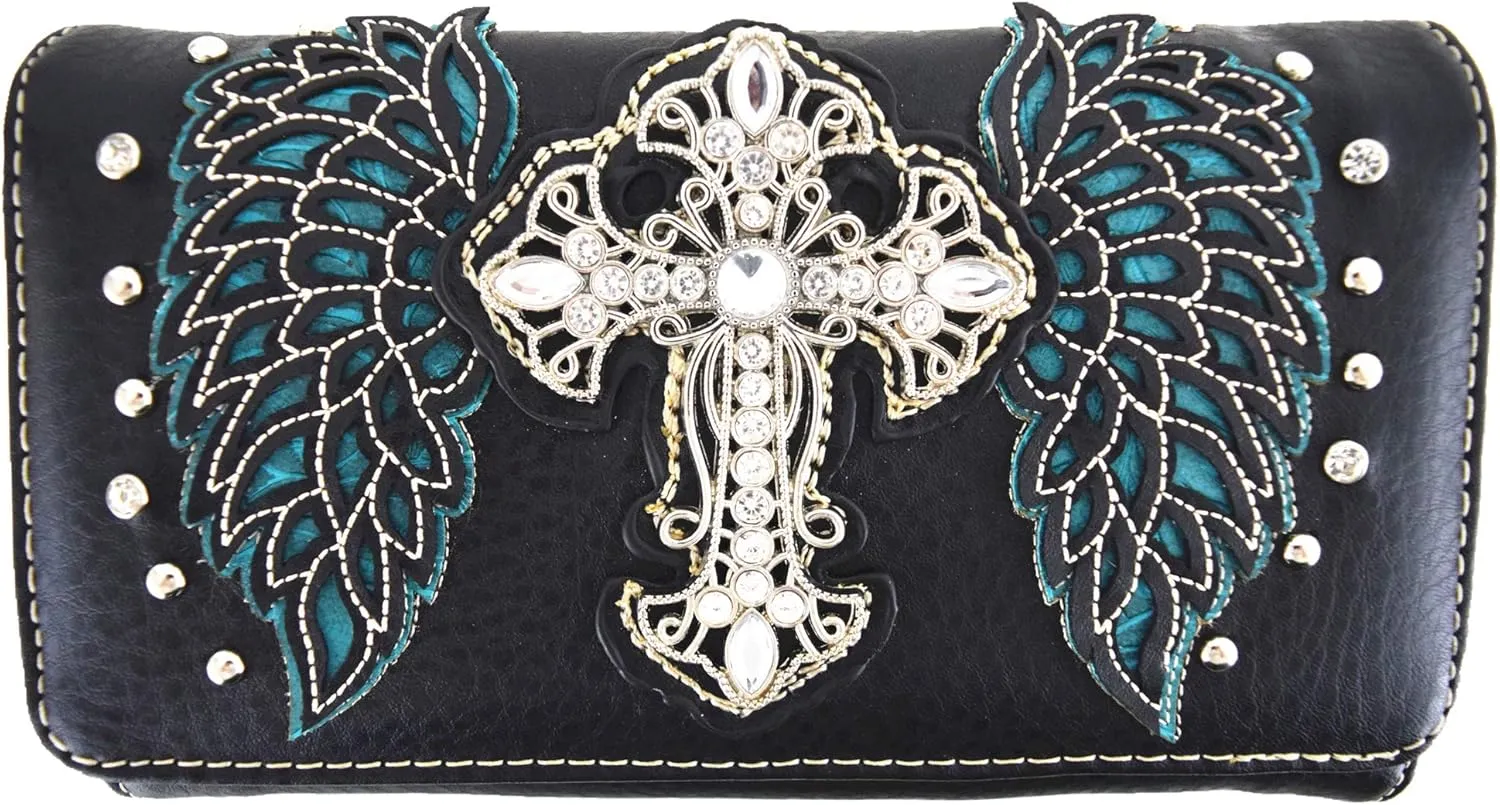 Western Style Rhinestone Cross Studded Laser Cut Wings Tooled Leather Purse Women Handbags Country Shoulder Bag Wallet Set