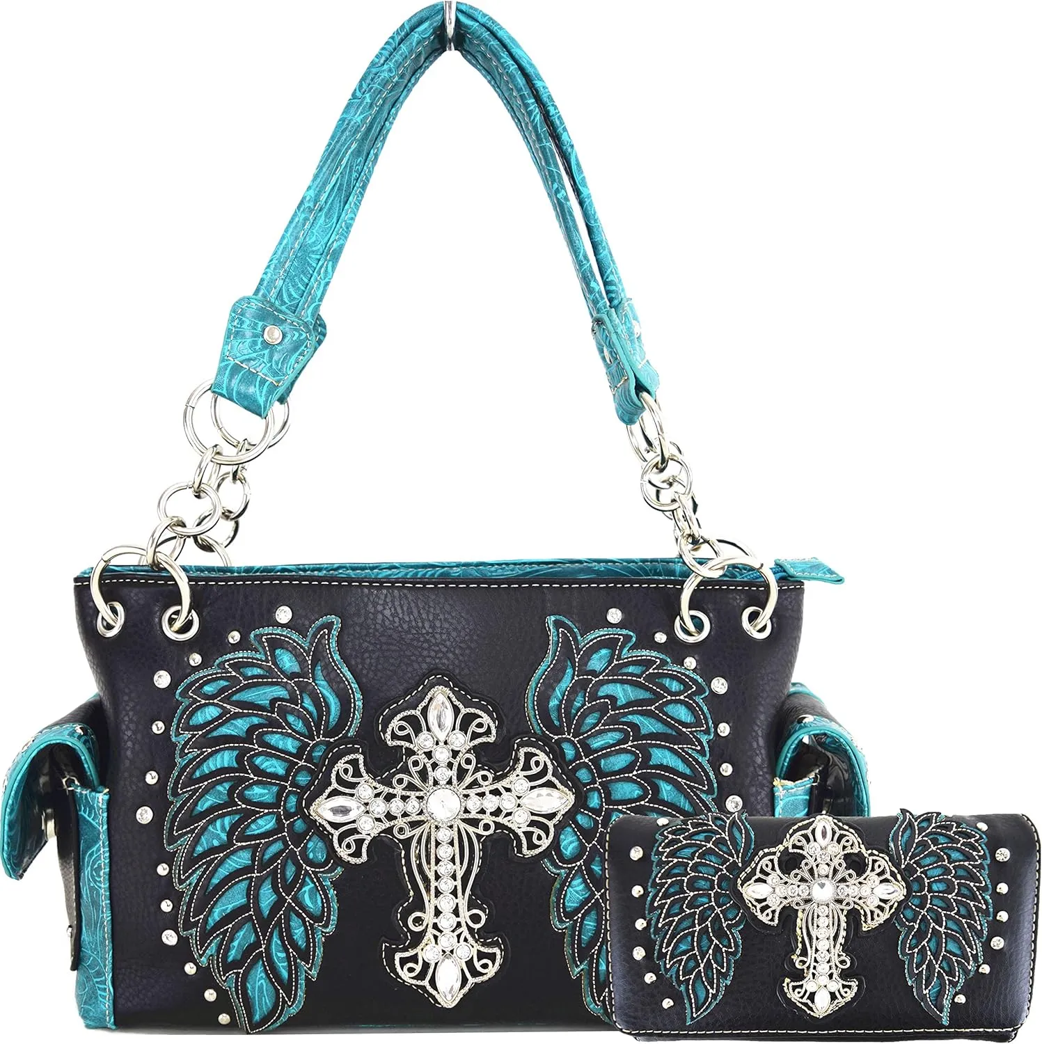 Western Style Rhinestone Cross Studded Laser Cut Wings Tooled Leather Purse Women Handbags Country Shoulder Bag Wallet Set