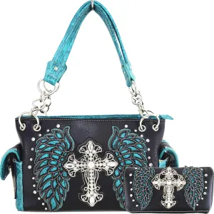 Western Style Rhinestone Cross Studded Laser Cut Wings Tooled Leather Purse Women Handbags Country Shoulder Bag Wallet Set