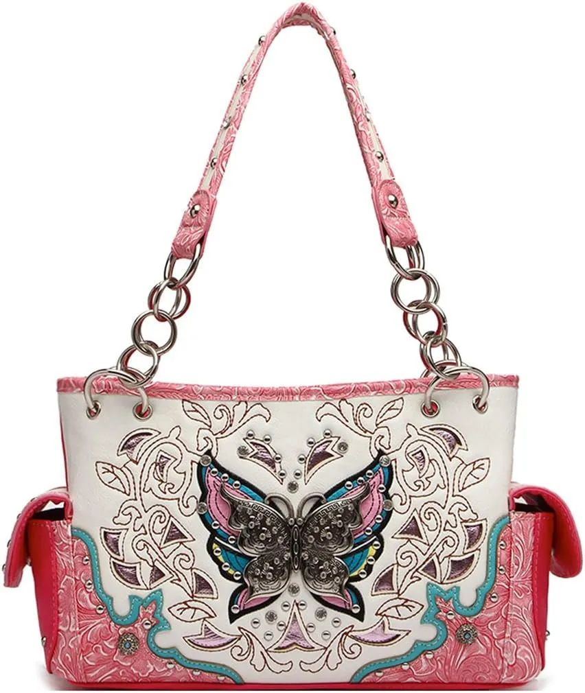 Western Style Spring Butterfly Flower Purse Women Country Handbag Rhinestone Stud Shoulder Bag Wallet Set