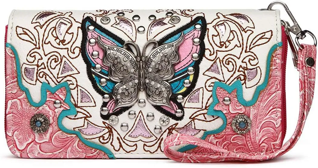 Western Style Spring Butterfly Flower Purse Women Country Handbag Rhinestone Stud Shoulder Bag Wallet Set