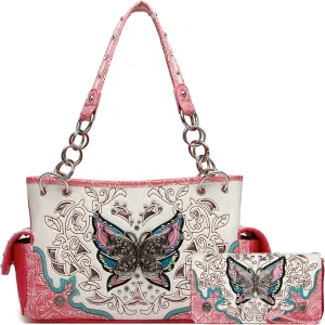 Western Style Spring Butterfly Flower Purse Women Country Handbag Rhinestone Stud Shoulder Bag Wallet Set