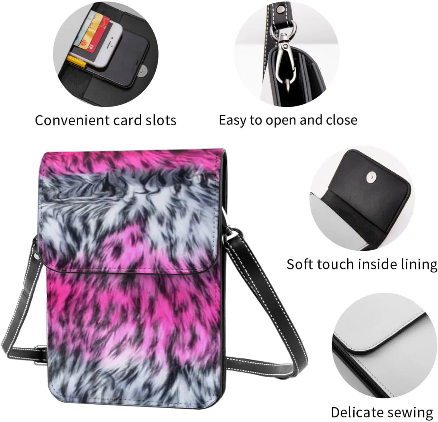 White Black Tiger Stripe Animal Leather Crossbody Cell Phone Purse Small Wallet Bags Adjustable Phone Bag for Women