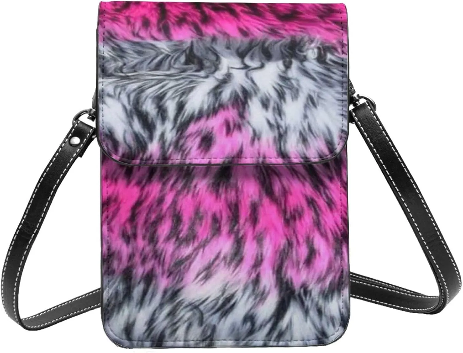 White Black Tiger Stripe Animal Leather Crossbody Cell Phone Purse Small Wallet Bags Adjustable Phone Bag for Women