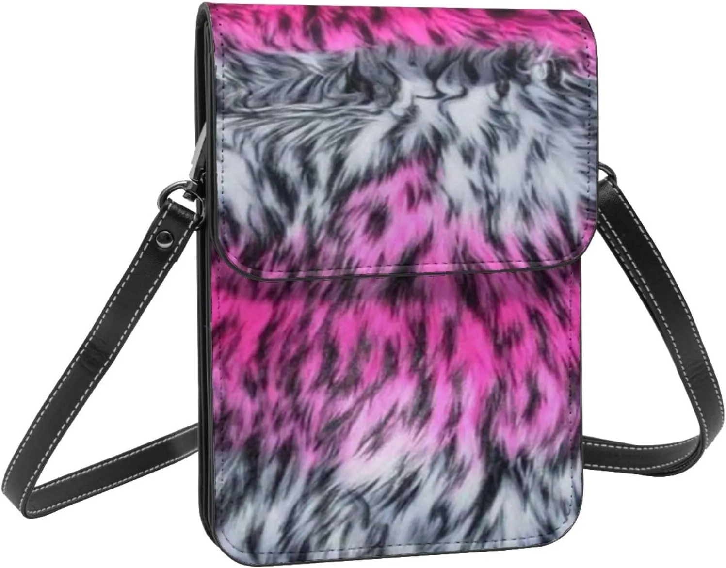 White Black Tiger Stripe Animal Leather Crossbody Cell Phone Purse Small Wallet Bags Adjustable Phone Bag for Women