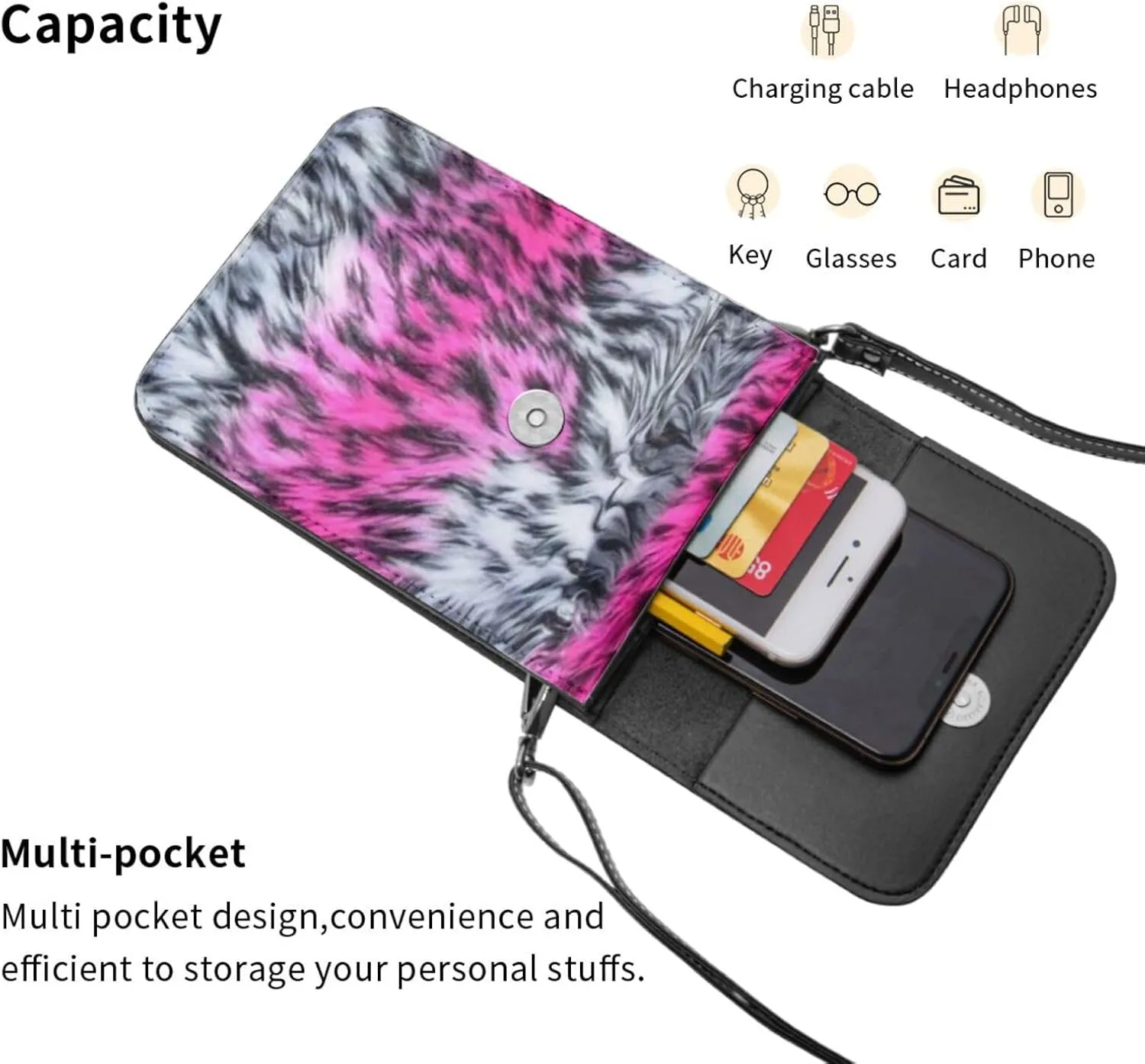 White Black Tiger Stripe Animal Leather Crossbody Cell Phone Purse Small Wallet Bags Adjustable Phone Bag for Women