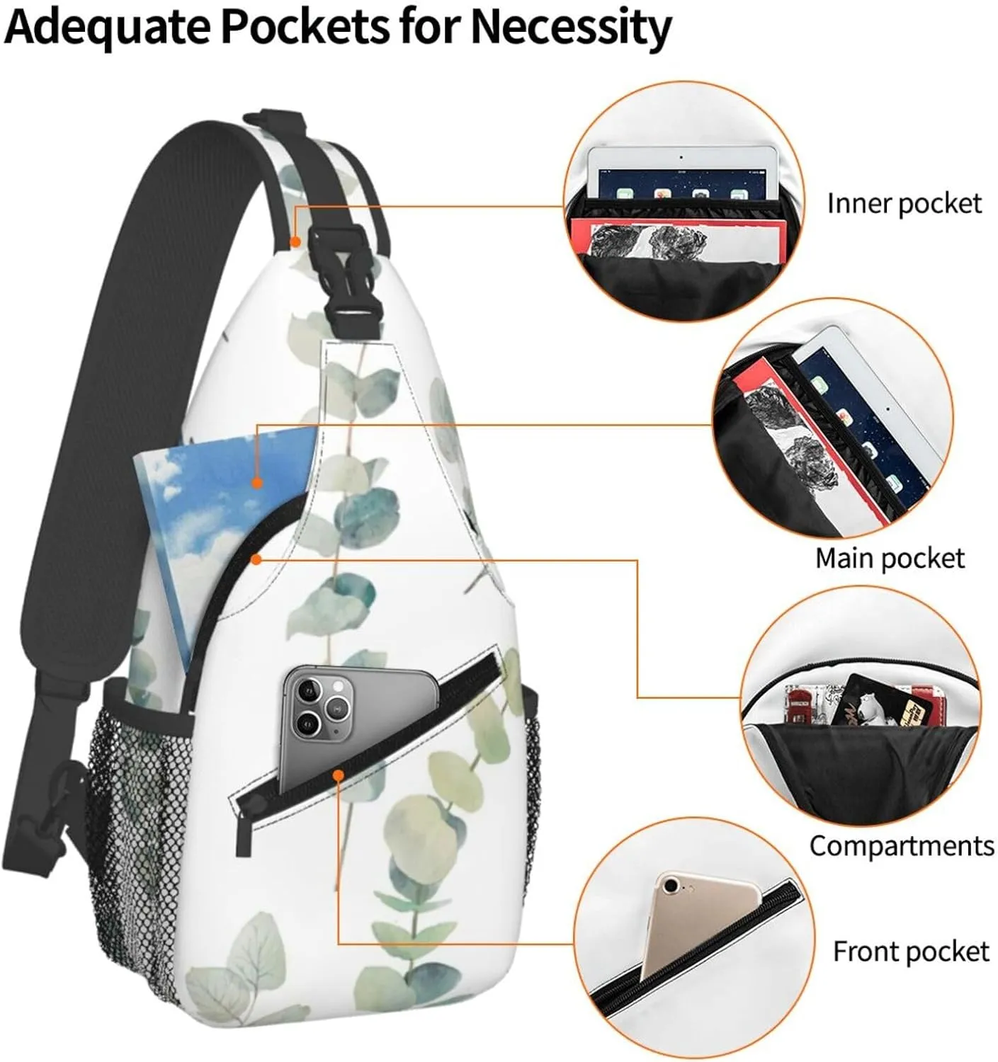 White Natural Greenery Twig Print Lightweight Sling Small Shoulder Bag - Chic Cross Chest Bag With Adjustable Strap
