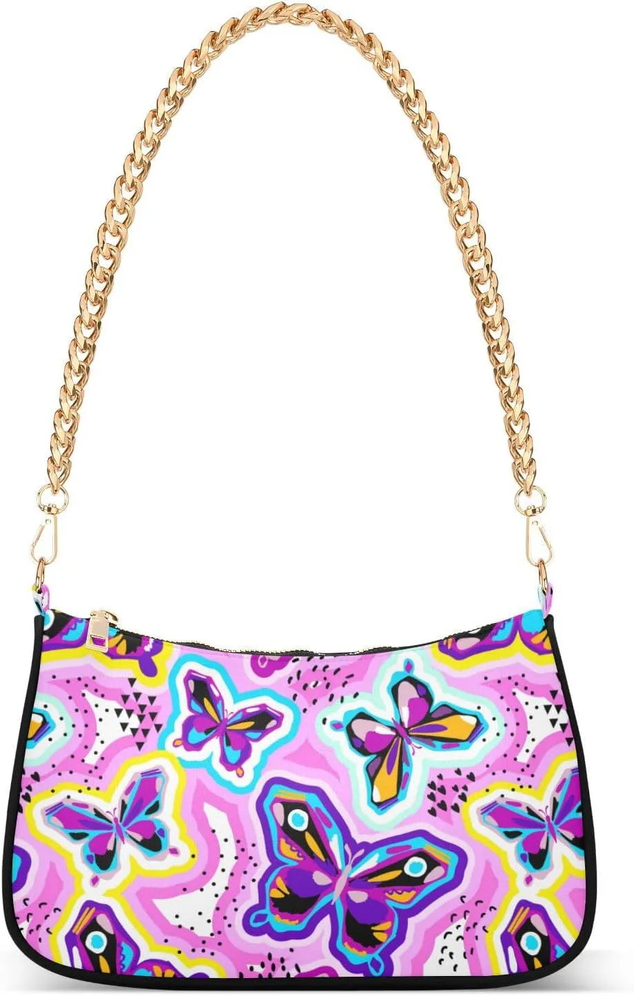 Women Chain Shoulder Purse Bag With Zipper Abstract Colorful Butterfly Print, Hobo Tote Clutch Handbags with Chain Strap