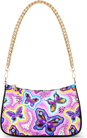 Women Chain Shoulder Purse Bag With Zipper Abstract Colorful Butterfly Print, Hobo Tote Clutch Handbags with Chain Strap