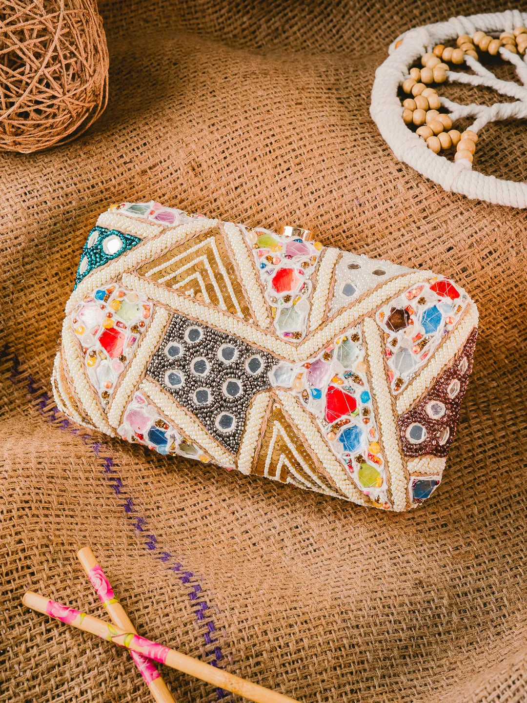Women Embellished Fabric Box Clutch